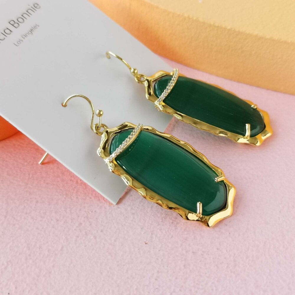 Alicia Bonnie - Charlotte Green Cat's Eye Gold Drop Earrings - NEW - Picture 2 of 3